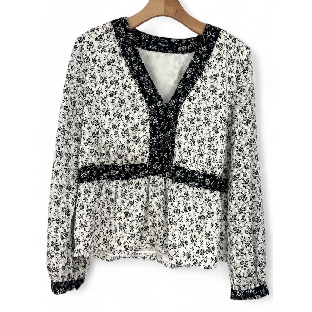Madewell | L | V-Neck Peplum Top in Clipdot Branch Floral Semi Sheer Blouse - Picture 3 of 4